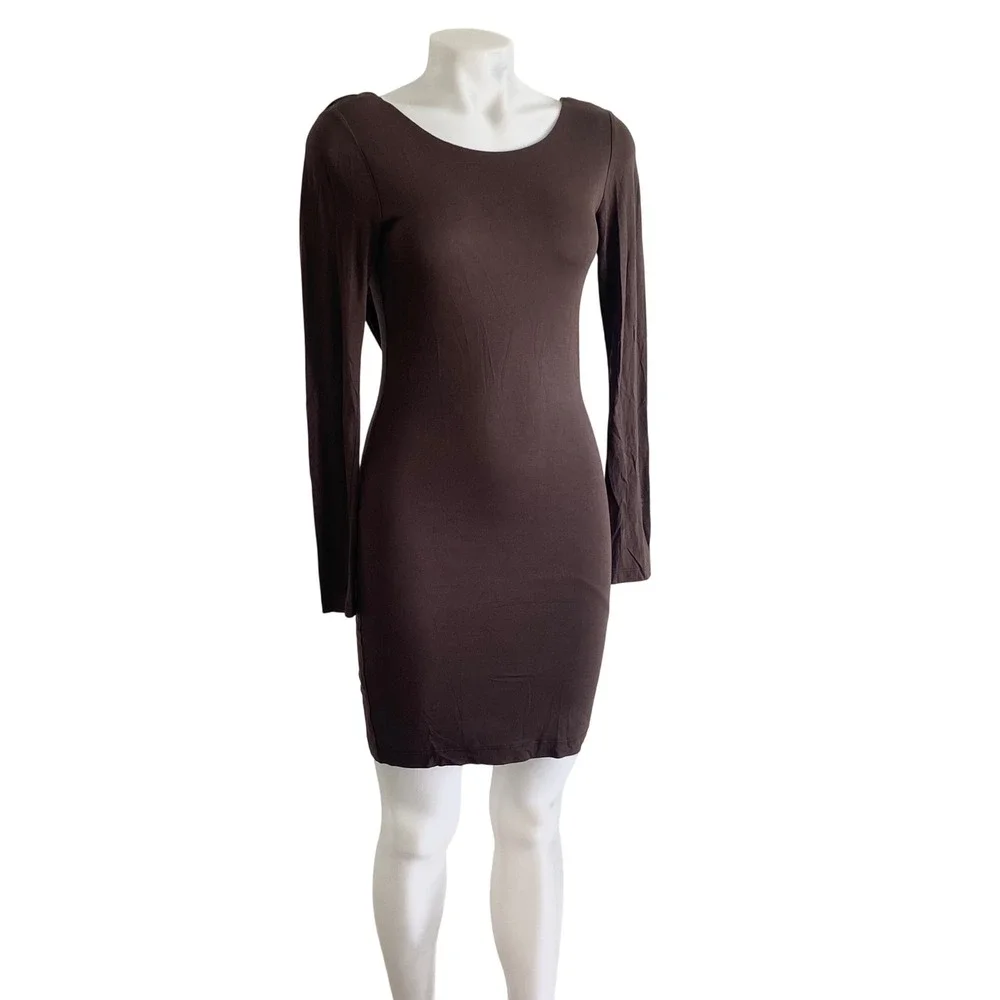 Alice + Olivia Base Brown Long Sleeve Cowl Back Mini Bodycon Dress C000947346